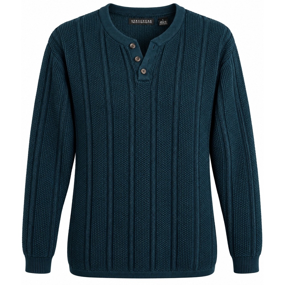 Vintage Structure Mens Teal Ramie Cotton Knit Henley Sweater Large Ribbed preppy